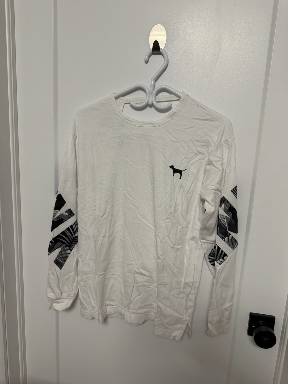 PINK Victoria's Secret White Long Sleeve Tee with Black Sleeve Graphics